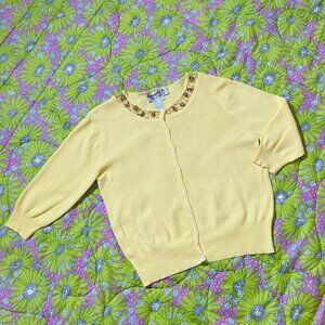vintage y2k cardigan pastel Flawed  lemon yellow knit sweater 3/4 sleeve top